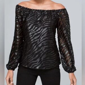 Black and Silver Sheer Mesh Zebra Animal Print Off the Shoulder Blouse WHBM